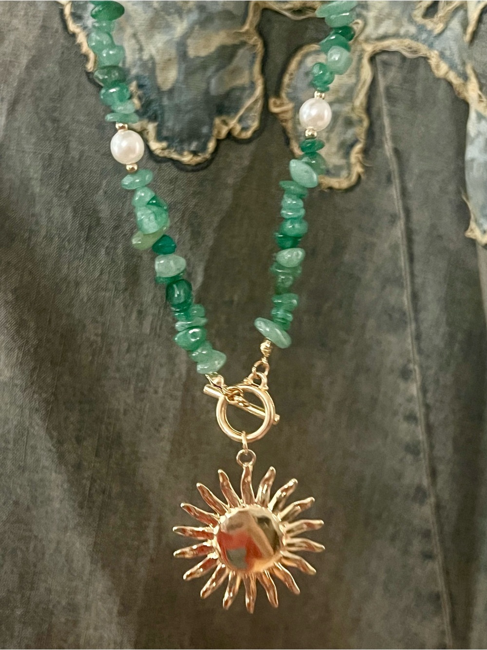 Bohemian Gold Sun Pendant Necklace with Green Stone Chip and Pearl Bead Accents